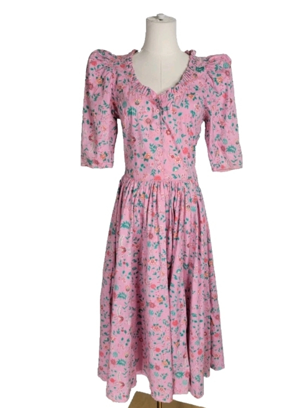 Komil Hawaii Sm Vintage Floral Cottagecore Dress Pink Cotton Button Front